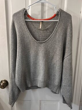 Free People Gray V-Neck Sweater with Orange Neck Trim